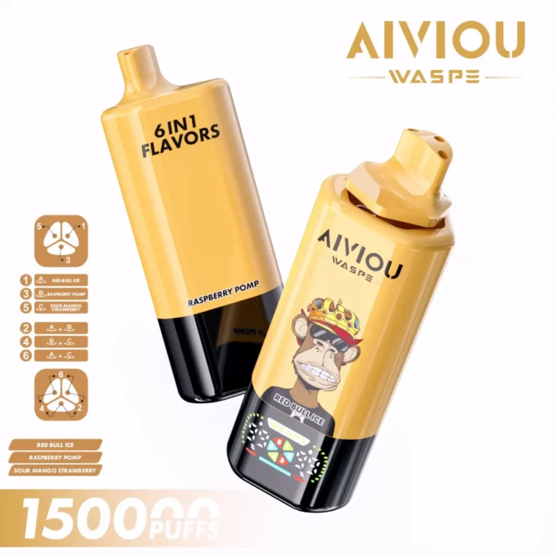 150k Vape Waspe Aiviou 150000 6 in 1 - Red Bull Ice & Raspberry Pomp & Sour Mango Strawberry