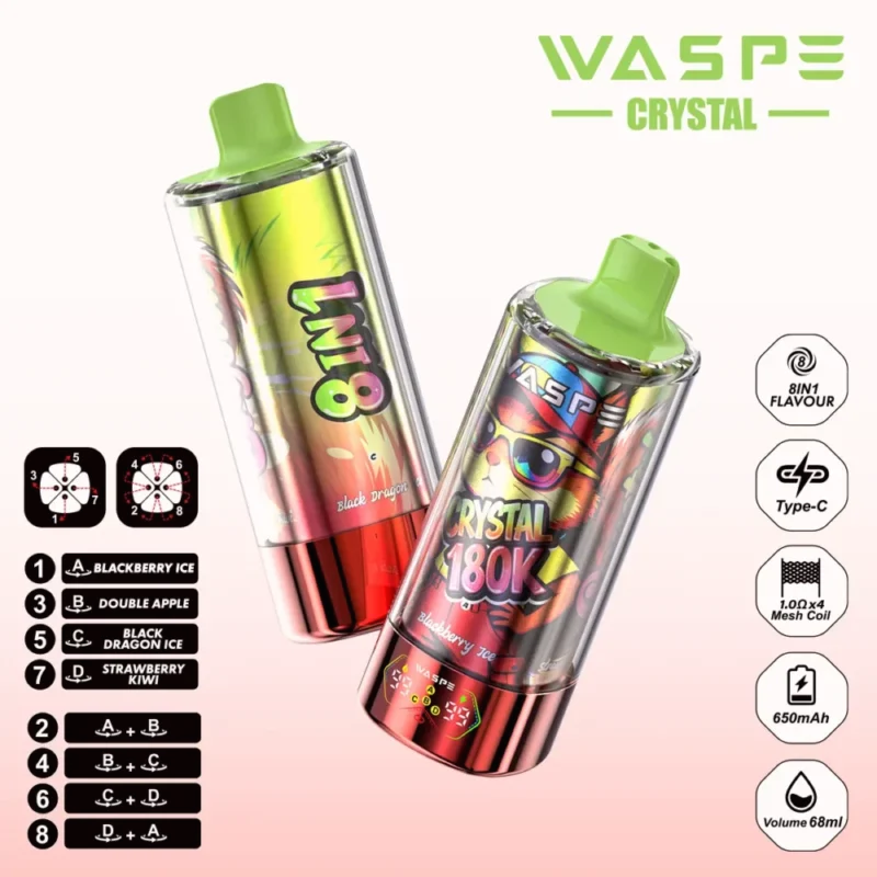 180k Vape Waspe Crystal 180K 8 in 1 Flavors E Cigarette - BLACKBERRY ICE & DOUBLE APPLE & BLACK DRAGON ICE & STRAWBERRY KIWI (3)
