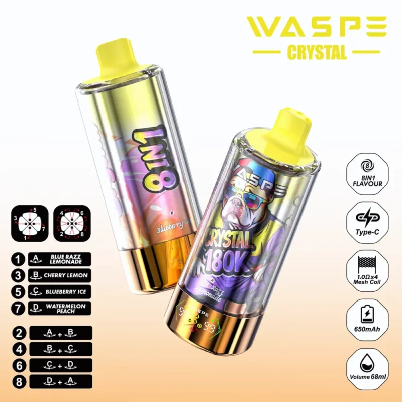 180k Vape Waspe Crystal 180K 8 in 1 Flavors E Cigarette - BLUE RAZZLEMONADE & CHERRY LEMON & BLUEBERRY ICE & WATERMELON PEACH (2)