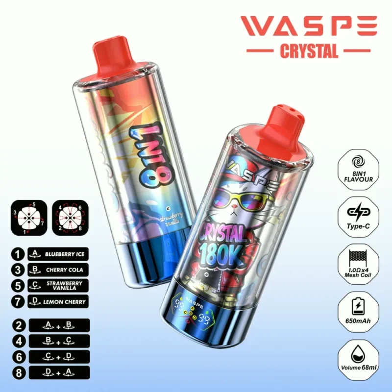 180k Vape Waspe Crystal 180K 8 in 1 Flavors E Cigarette - BLUEBERRY ICE & CHERRY COLA & STRAWBERRY VANILLA & LEMON CHERRY (2)