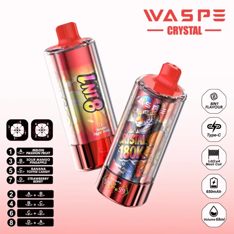 180k Vape Waspe Crystal 180K 8 in 1 Flavors E Cigarette - MELON PASSION FRUIT & SOUR MANGO PINEAPPLE & BANANA TOFFEE CANDY & STRAWBERRYBERRY (3)