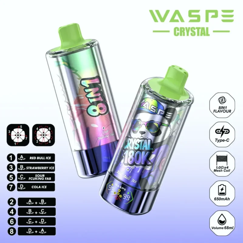 180k Vape Waspe Crystal 180K 8 in 1 Flavors E Cigarette - RED BULL ICE & STRAWBERRY ICE&SOUR FCUKING FAB & COLA ICE (3)