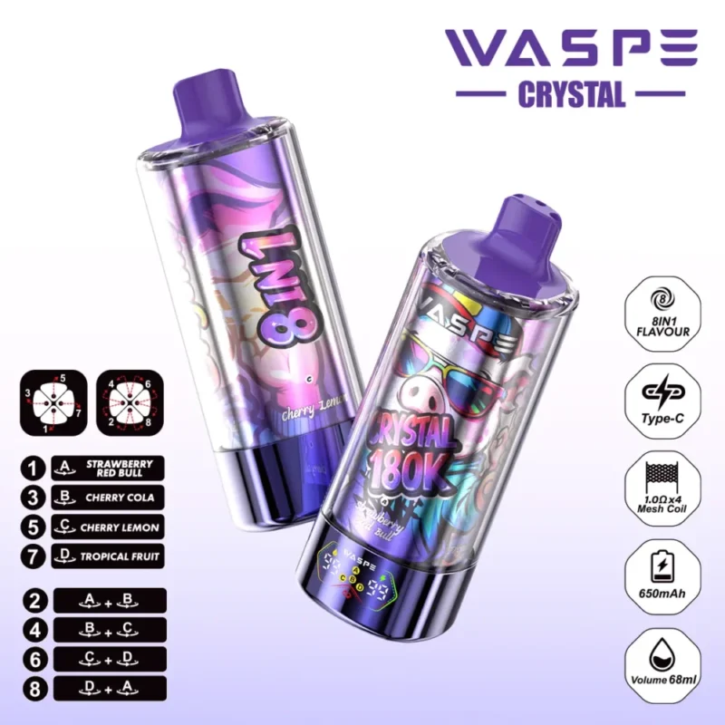 180k Vape Waspe Crystal 180K 8 in 1 Flavors E Cigarette - STRAWBERRY RED BULL & CHERRY COLA& CHERRY LEMON & TROPICAL FRUIT (3)