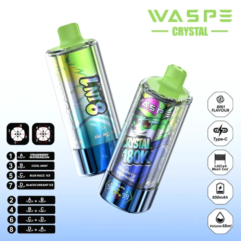 180k Vape Waspe Crystal 180K 8 in 1 Flavors E Cigarette - STRAWBERRY WATERMELON & COOL MINT&BLUE RAZZ ICE & BLACKCURRANT ICE (3)