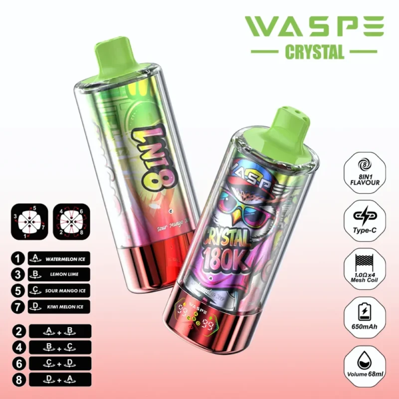 180k Vape Waspe Crystal 180K 8 in 1 Flavors E Cigarette - WATERMELON ICE & LEMON LIME & SOUR MANGO ICE & KIWI MELON ICE (2)